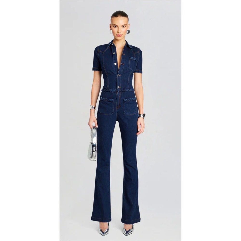 Free People x SER.O.YA Alice Jumpsuit Deep Sea Denim Braided Flare Leg Jumpsuit - Picture 7 of 16